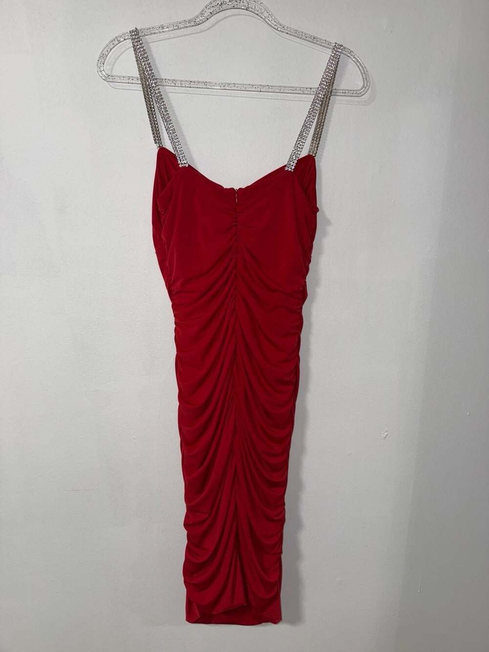 Moda International Red Ruched Bodycon Midi Dress With Rhinestone Chain Straps - Picture 2 of 3